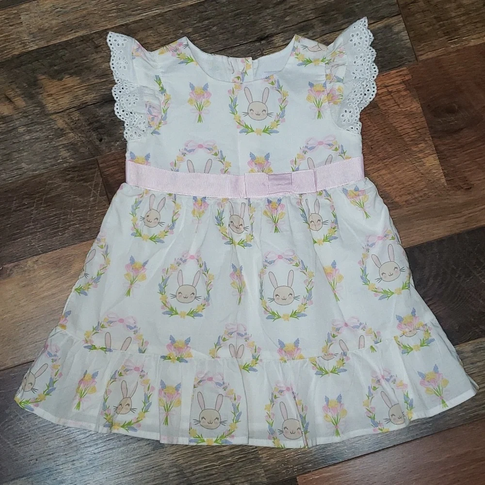 The Children's Place White Floral Bunny Print Sleeveless Dress, Size 9-12 Months